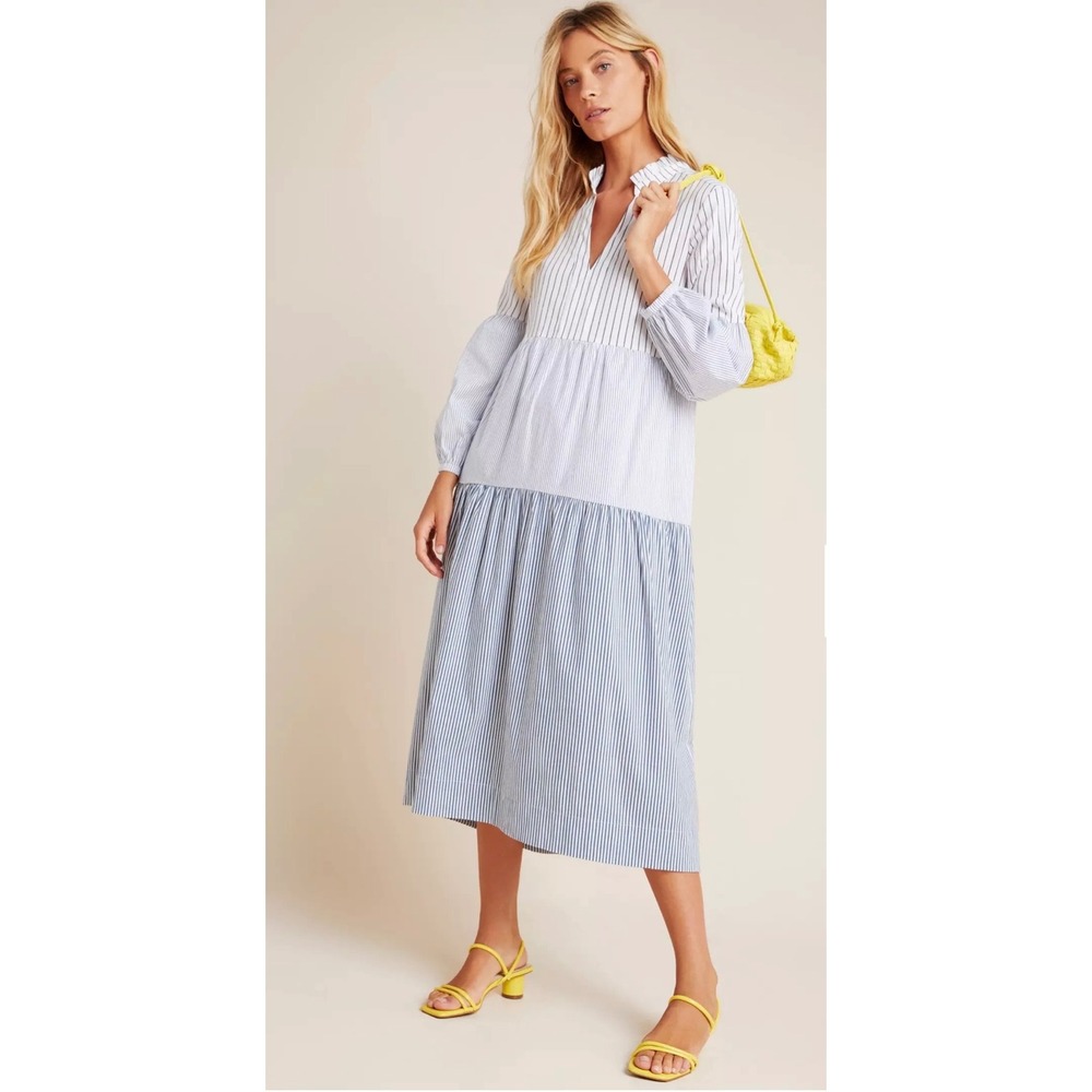Maeve Anthropologie Blue White Striped Tiered Midi Dress Ruffle V-Neck Petite XS